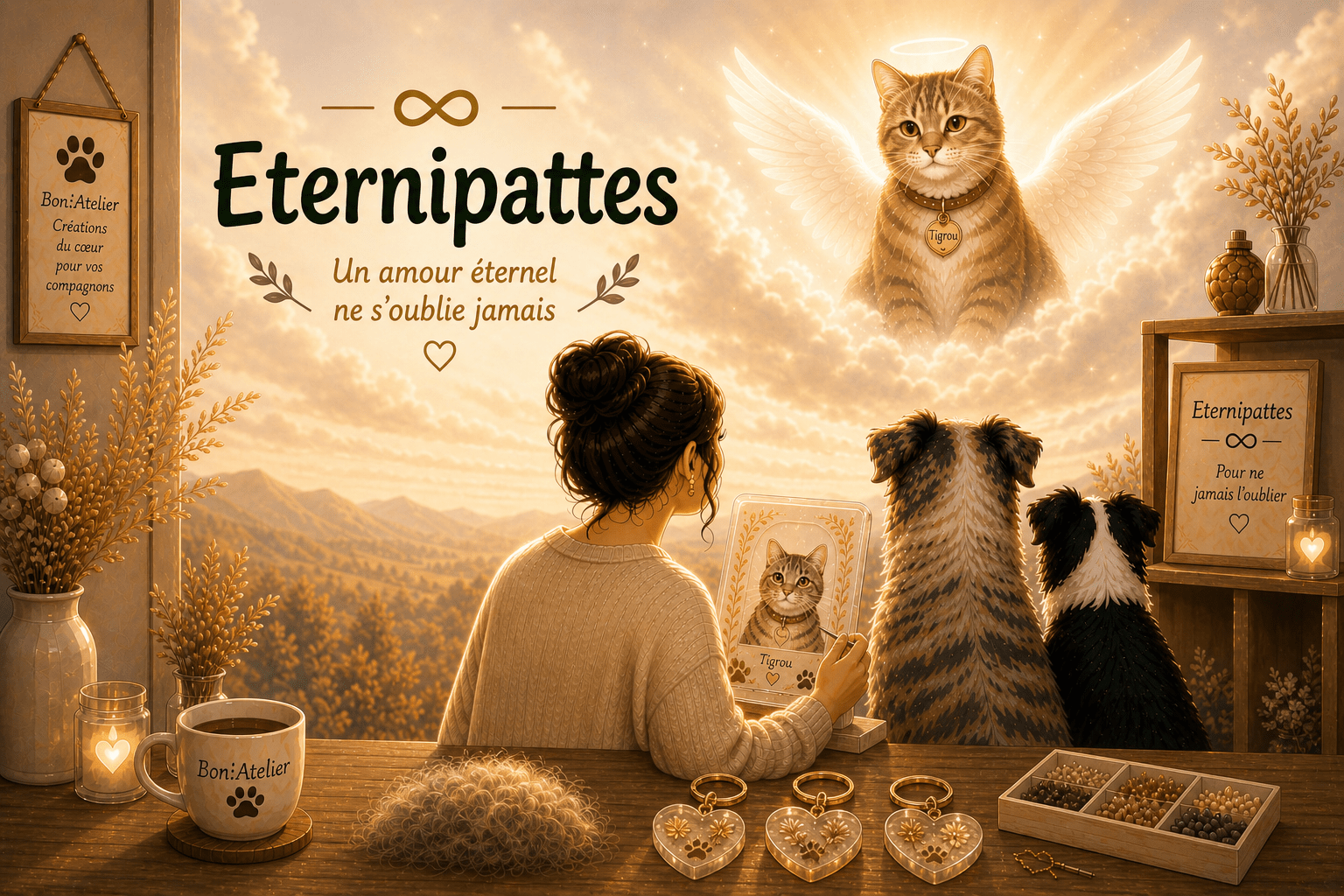 Bon'Atelier, Eternipattes, souvenir de vos chiens et de vos chats avec des poils ou cendres, souvenirs chiens, souvenirs chats, urne chien, mémorial animal, deuil animalier, Cadre résine chien