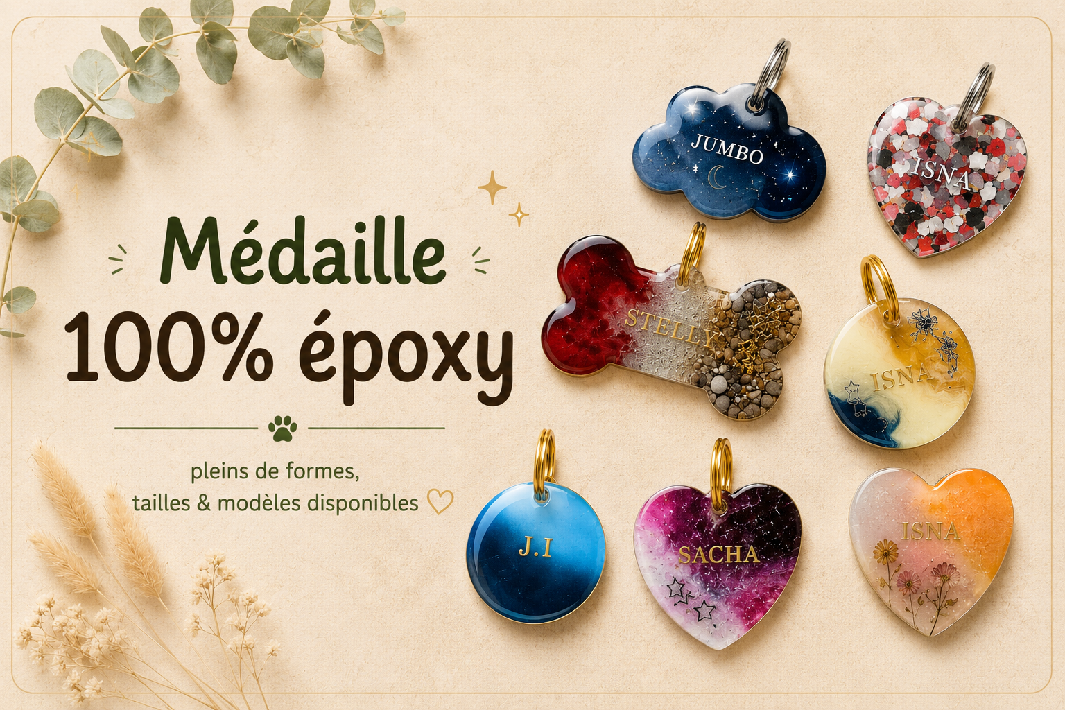 Bon'Atelier, médaille époxy pour chiens et chats, médaille identification