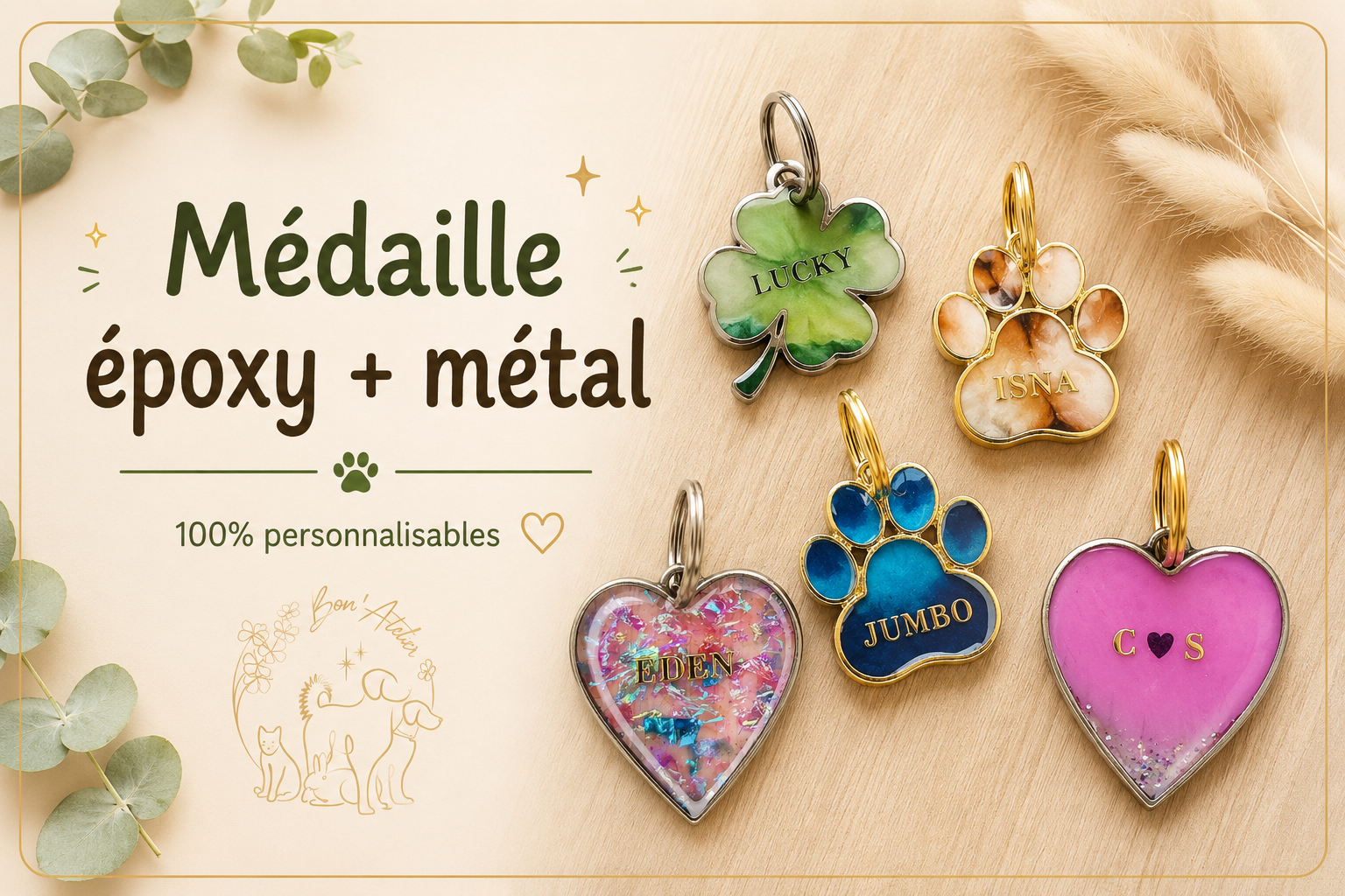 Bon'Atelier, médaille chien, médaille chat, médaille epoxy, médaille identification chien